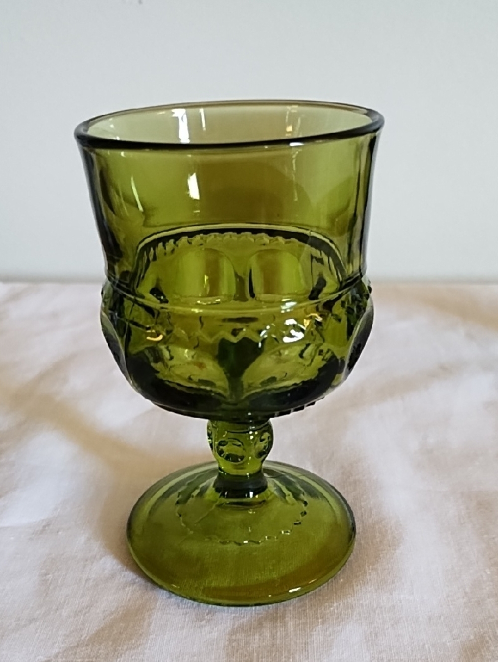 3 INDIANA GLASS KING'S CROWN AVOCADO (THUMBPRINT) WINE  GOBLETS